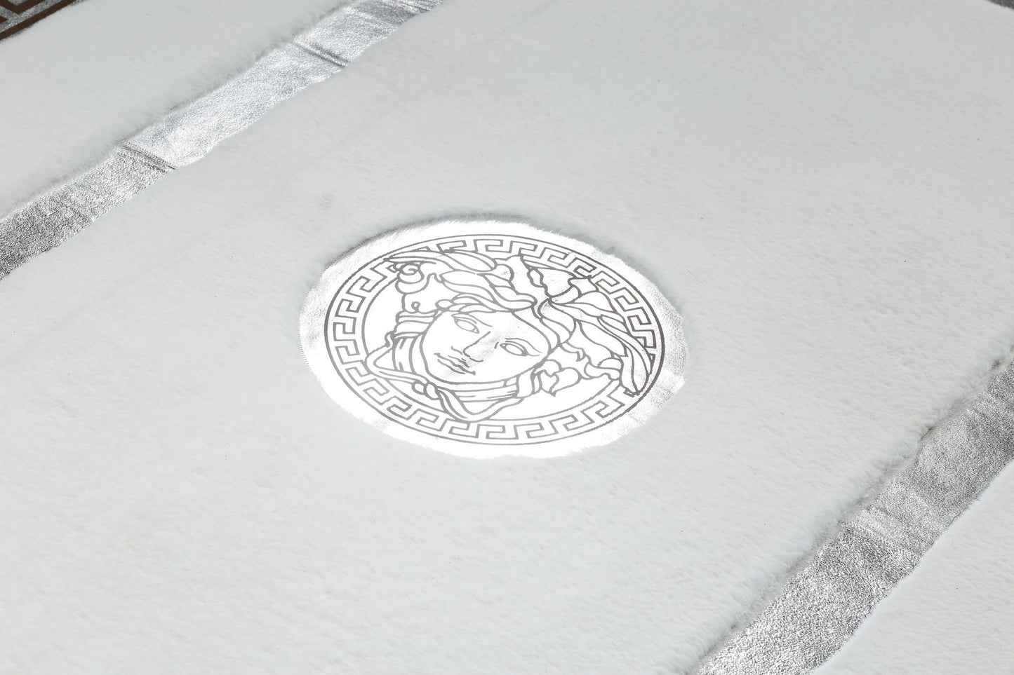 Medusa Patterned White Plush Rug with Silver Foil