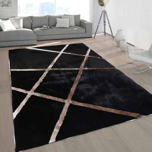 Black Plush Rug with Bronze Foil