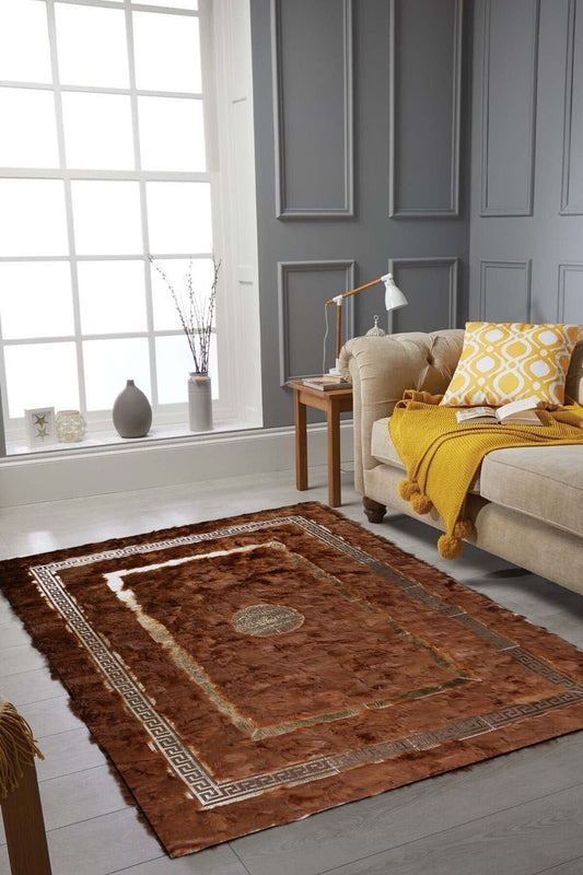 Medusa Patterned Brown Tuscan Carpet with Gold Foil