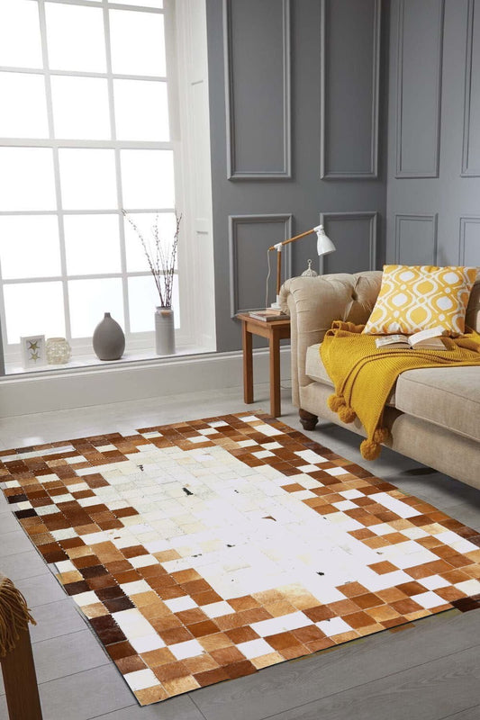 Brown & White Natural Calfskin Patchwork Rug