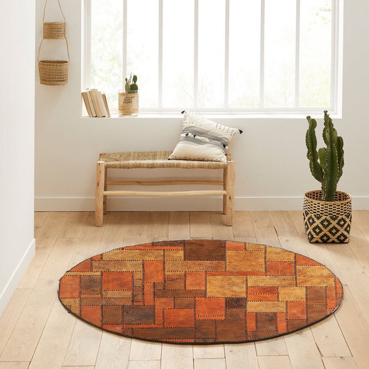 Brown Calfskin Stitch Patchwork Round Rug