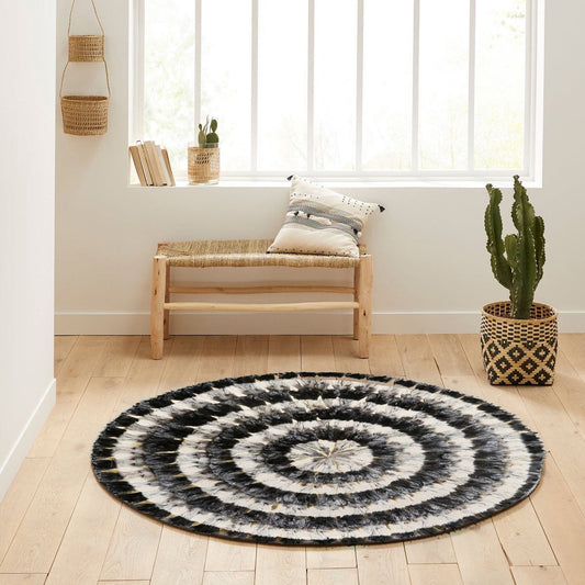 Round Natural Fur Rug with Black Gold Foil Detail