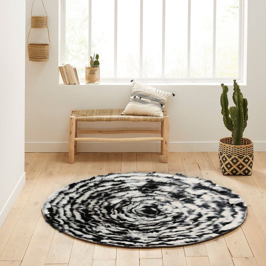 Black & White Natural Fur Round Rug