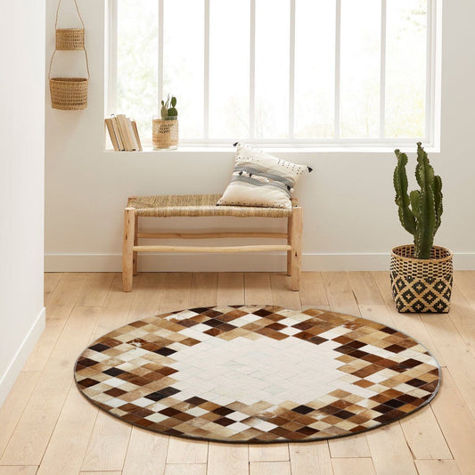 White & Brown Round Patchwork Calfskin Rug