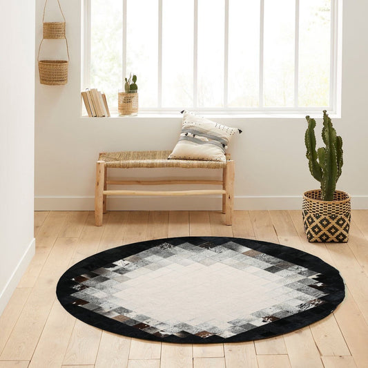 Black and White Color Natural Calfskin Patchwork Rug