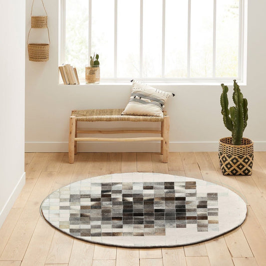 White and Black Calfskin Patchwork Rug